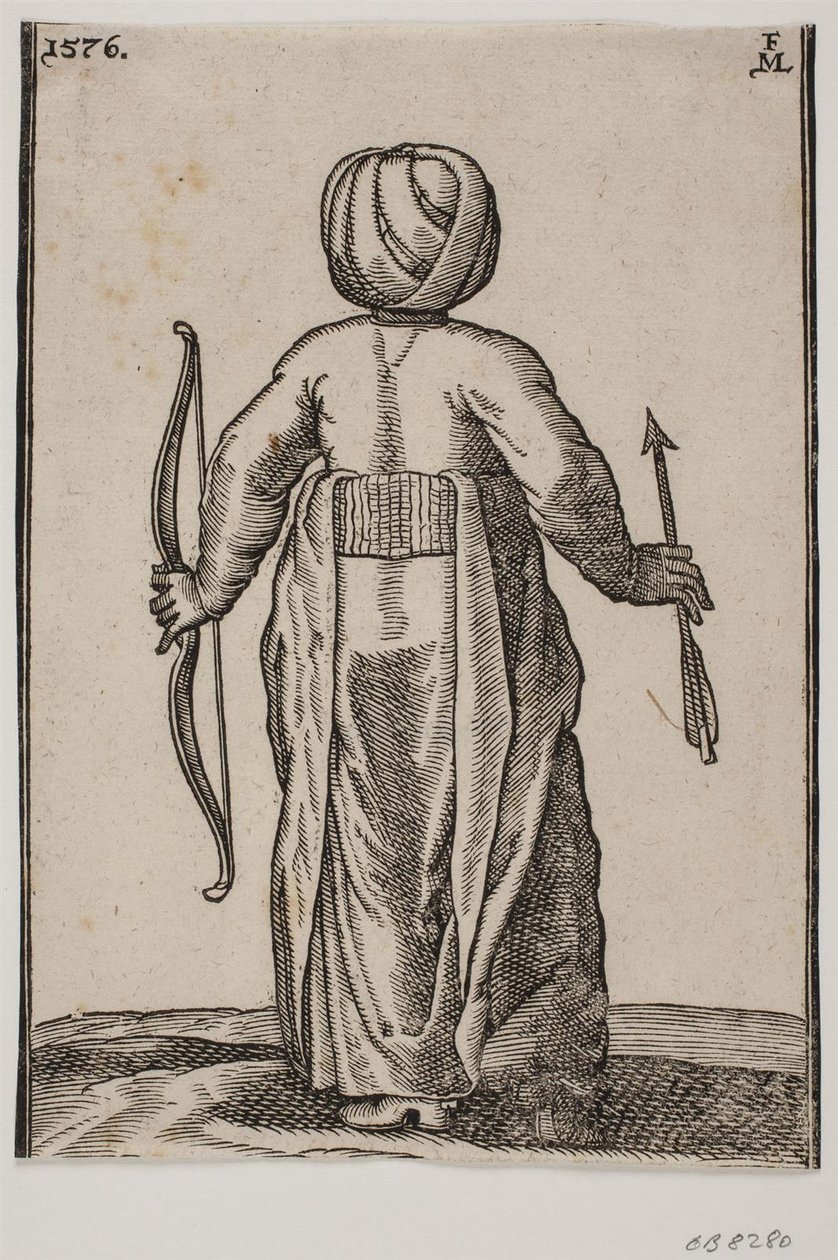 Stående bueskytte, set bagfra; i v. hånd en bue, i h. hånd en pil af Melchior Lorck