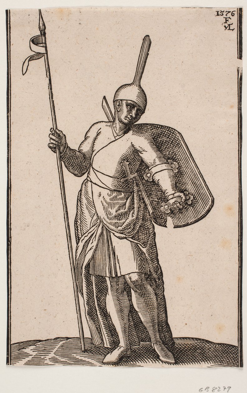 Stående soldat, frontalt set; hovedbeklædning med høj, tynd top; i h. hånd et spyd, på v. arm et skjold, som ses indefra af Melchior Lorck