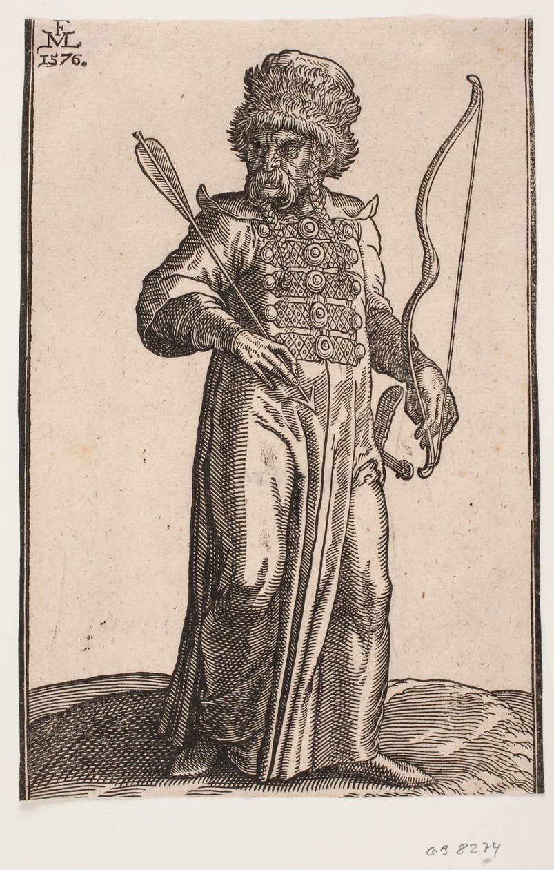 Stående soldat, frontalt set, hovedet vendt mod v.; han bærer pelsbræmmet hat, hans hår hænger ned i to fletninger; i h. hånd en pil, i v. hånd en bue og et sværd hænger ved hans v. side af Melchior Lorck