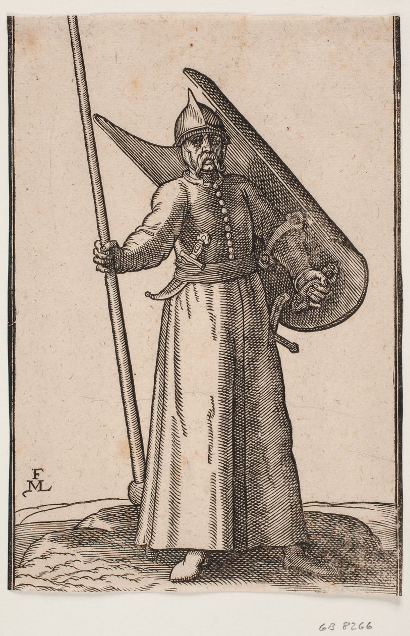 Stående soldat med hjelm på hovedet; i h. hånd en lanse, hvis top er udenfor øvre indramningslinje; på v. arm et krumt skjold, som ses indefra; i bæltet under h. arm en krum dolk, ved v. side et sværd af Melchior Lorck