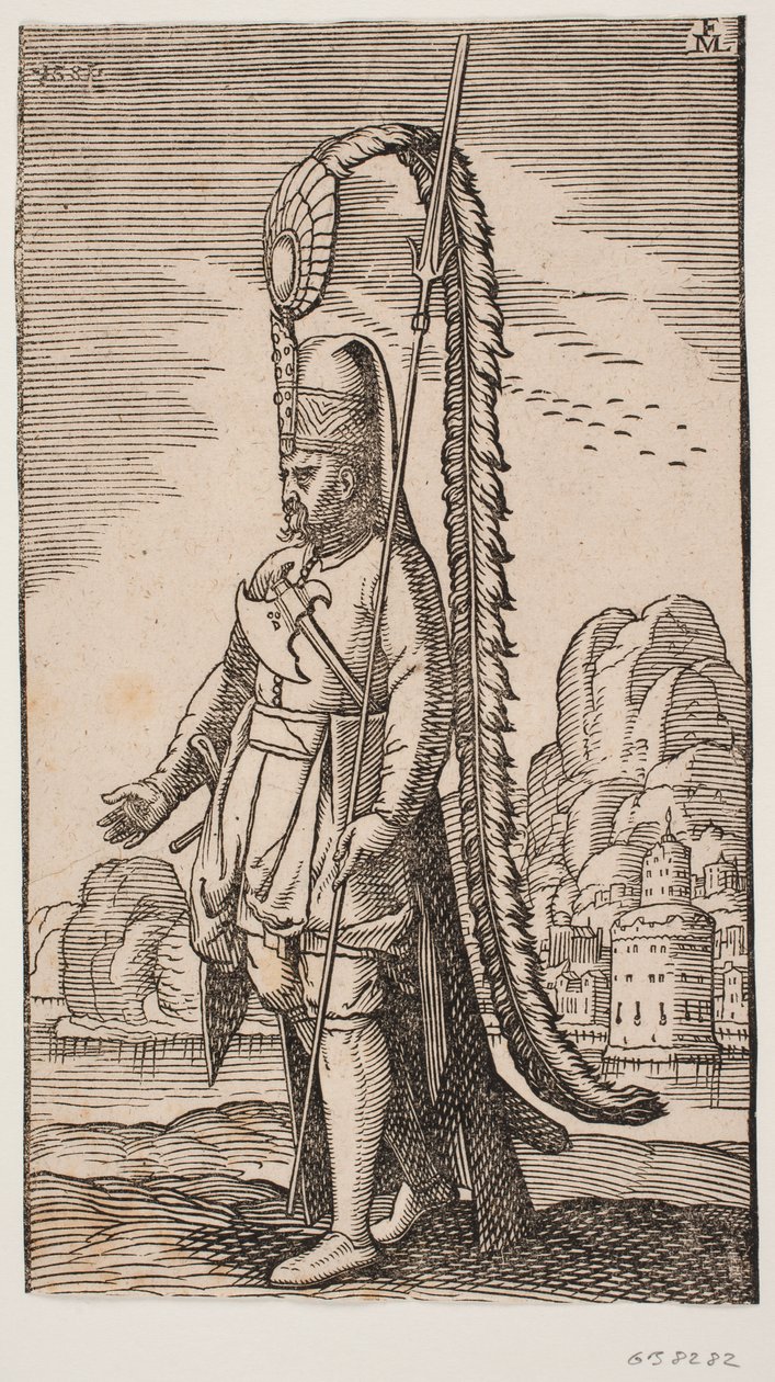 Stående soldat ved en klippekyst, hinsides vandet en by; hans hovedbeklædning er smykket med en ekstremt lang fjerprydelse af Melchior Lorck