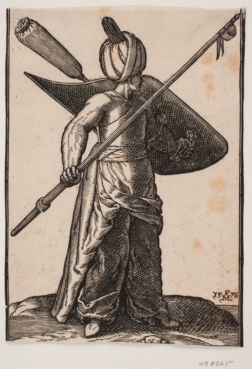 Stående soldat, vendt mod h.; på hovedet turban, i h. hånd en løftet lanse med vimpel under spidsen; på v. arm et skjold med en stofomviklet fjerbusk af Melchior Lorck