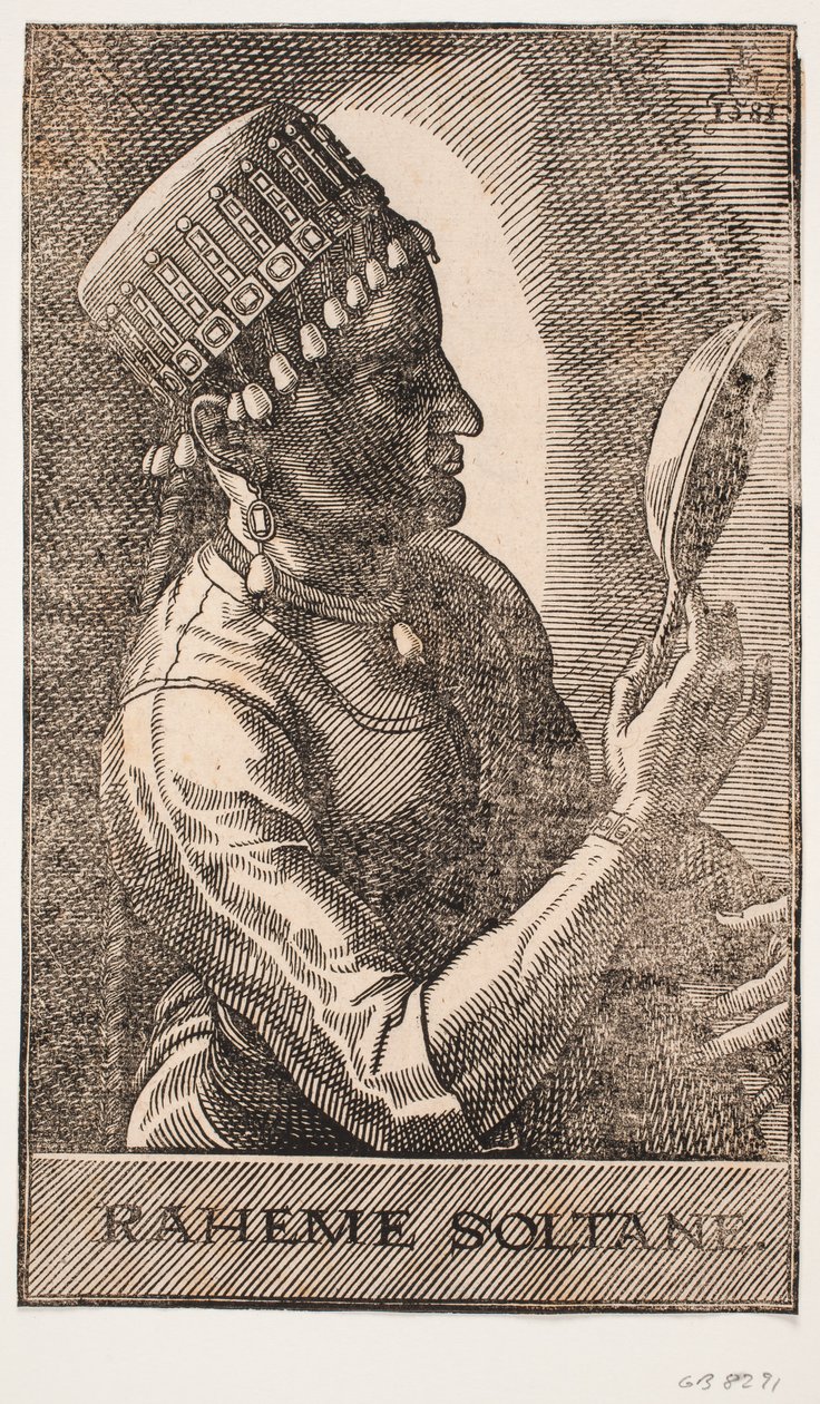 Sultanindeportræt, spejlende, profil mod h.: RAHEME SOLTANE. af Melchior Lorck