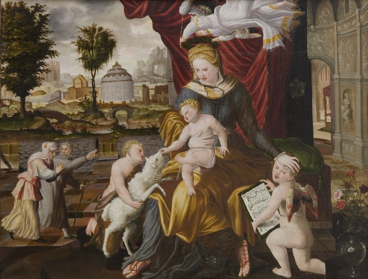 Jomfru Maria og barnet, spædbarnet St.John og to engle af Melchior Lorck