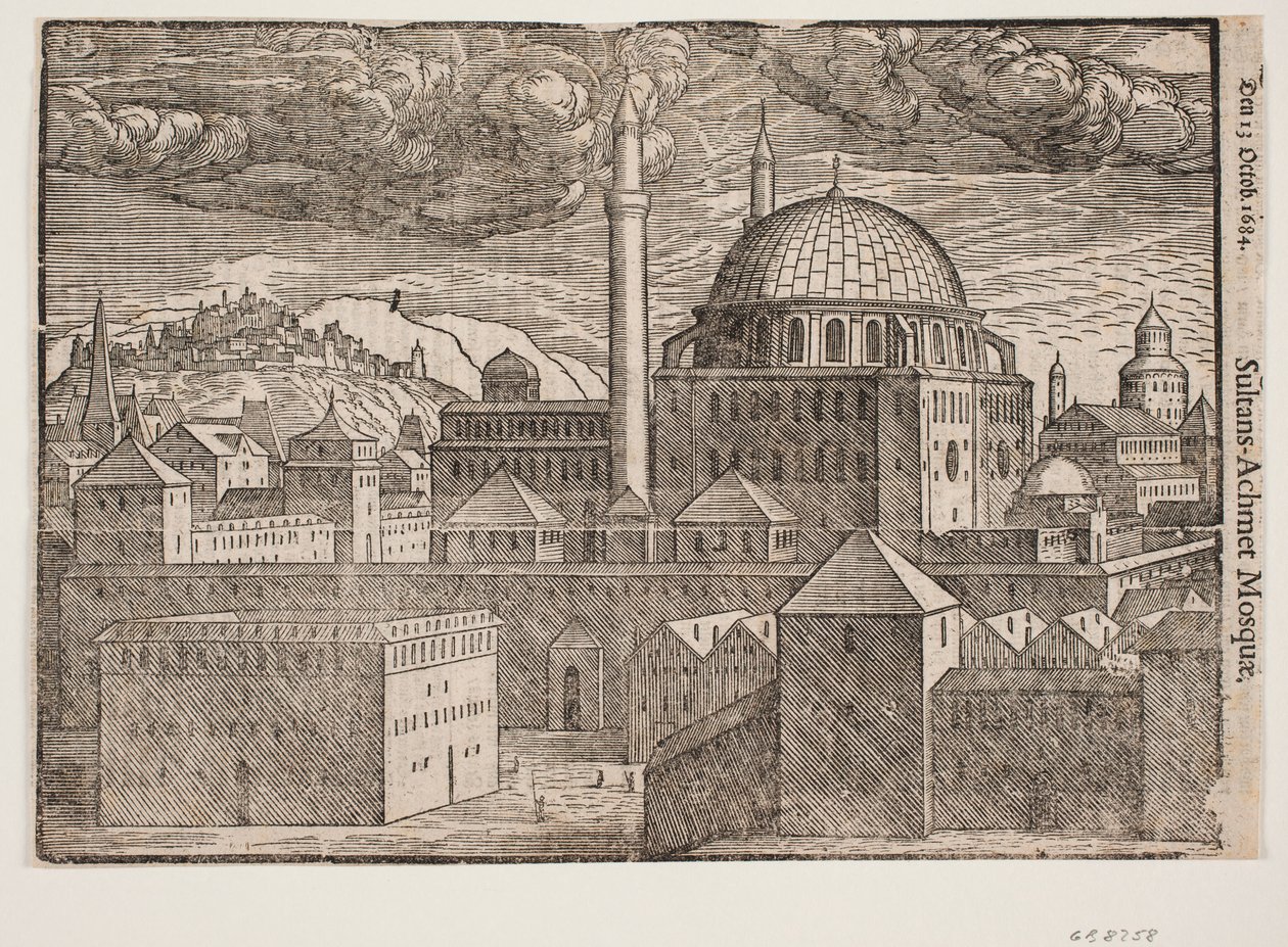 Uidentificeret moské med 2 minareter, set fra sydøst; t.v. bjerg med befæstet by af Melchior Lorck