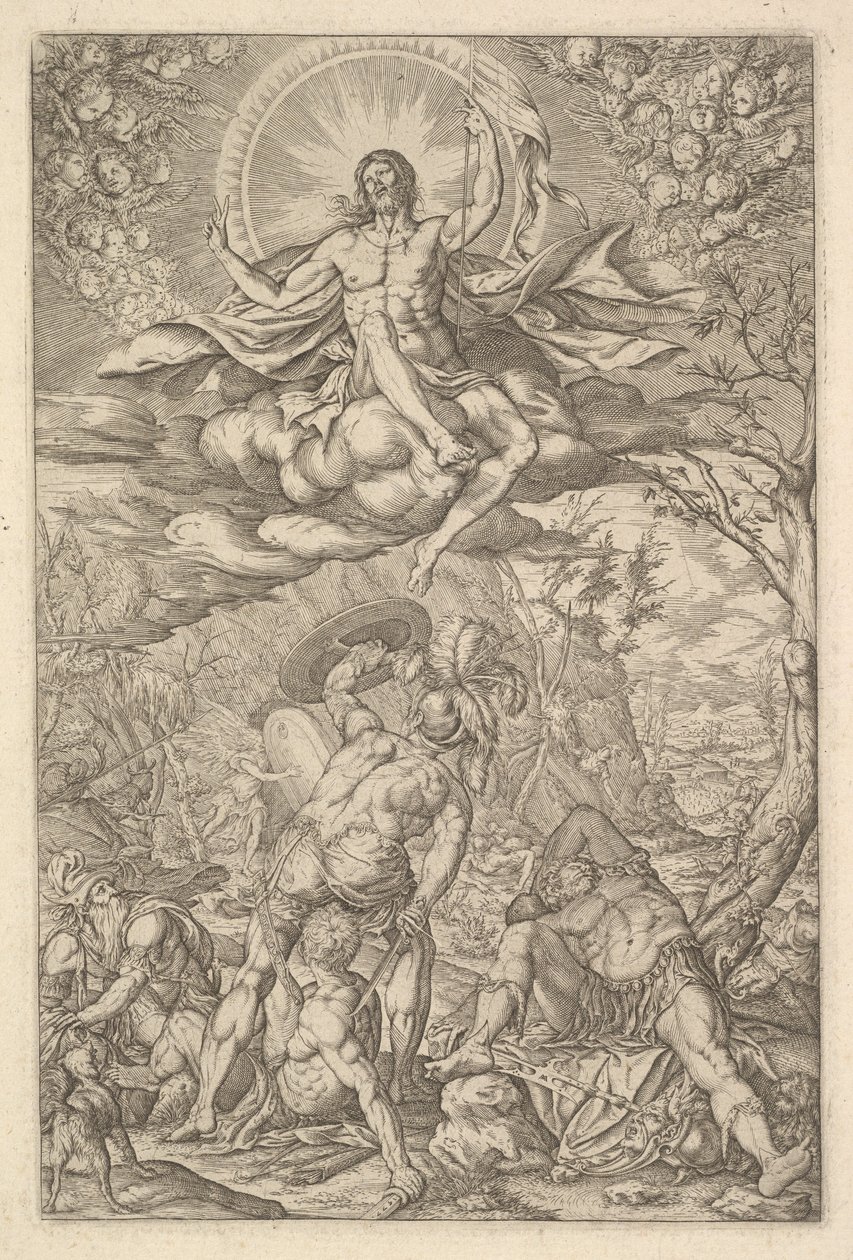Kristi opstandelse, omgivet af en aureole og skyer med linjer af vingede putti til..., 1577. af Melchior Meier