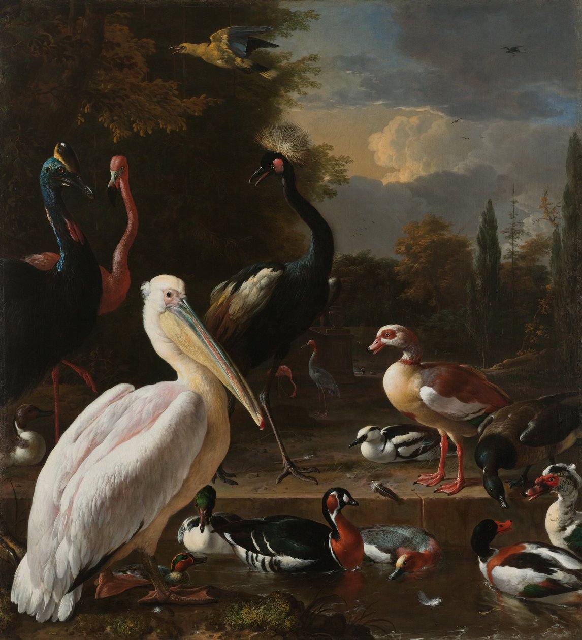 En pelikan og andre fugle nær et vandbassin, kendt som "Den flydende fjer". af Melchior dHondecoeter