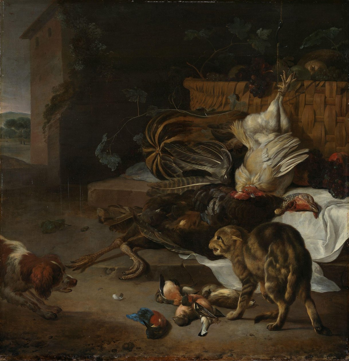 Stilleben med høns og frugter af Melchior d