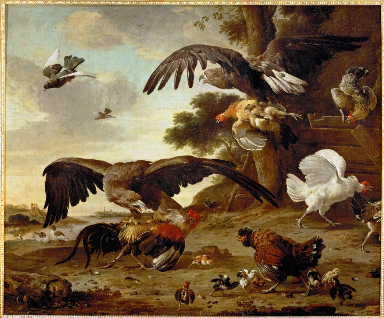 Ørne angriber kyllinger ... af Melchior de (manner of) Hondecoeter