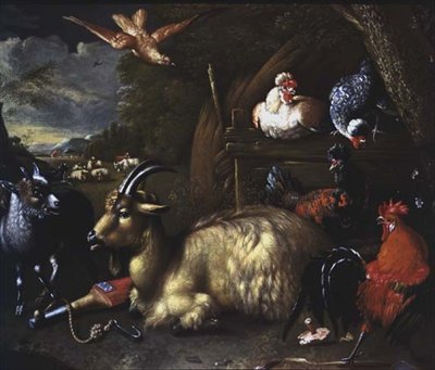 Ged med andre dyr og fugle i et landskab af Melchior de (school of) Hondecoeter