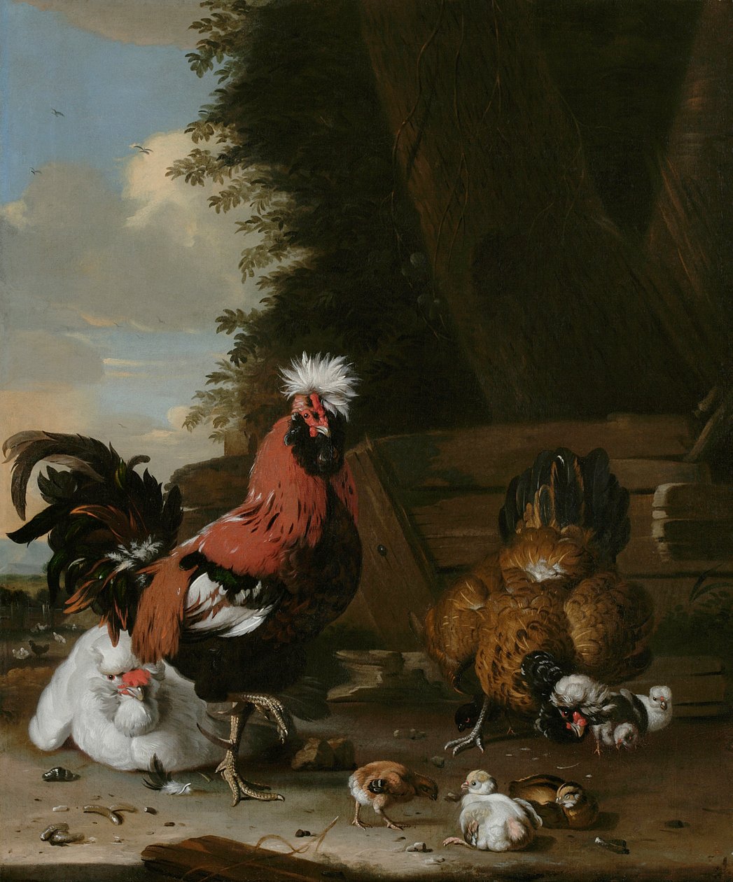 En dværghane med høns og kyllinger i en gård af Melchior de Hondecoeter
