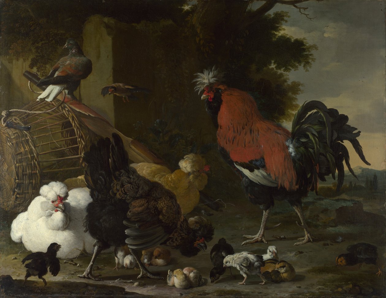 En hane, høns og kyllinger, ca 1668-1670 af Melchior de Hondecoeter