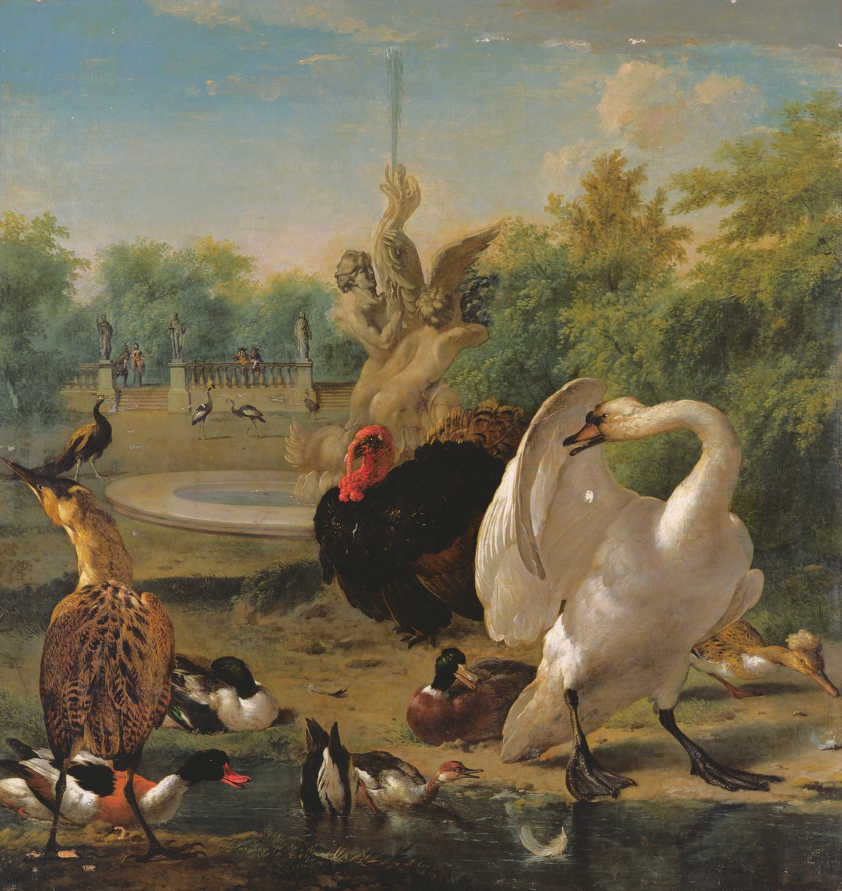 En park med svane og andre fugle (olie på lærred) af Melchior de Hondecoeter