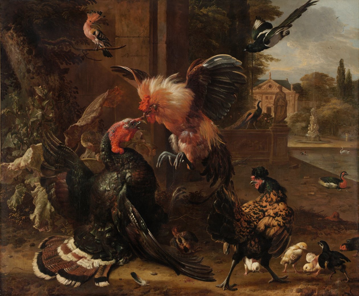 En hane og en kalkun i kamp, ca. 1680 (olie på lærred) af Melchior de Hondecoeter