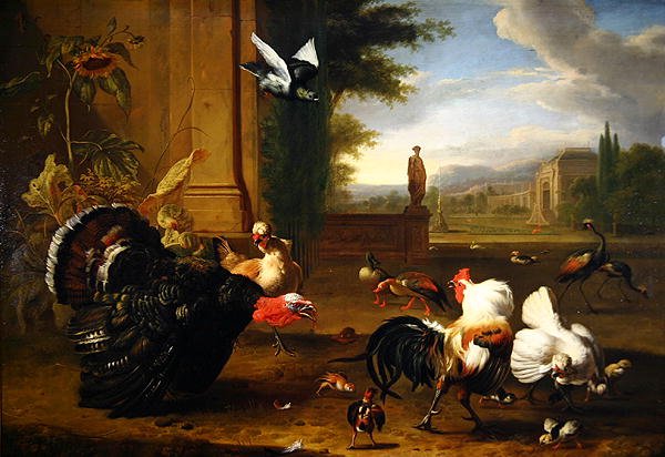 En kalkun, hane og hane og andre eksotiske høns i parkomgivelser (olie på lærred) af Melchior de Hondecoeter