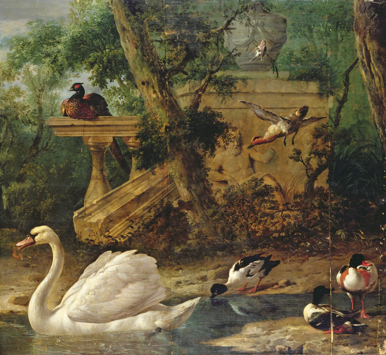 Fugle i en have (olie på lærred) af Melchior de Hondecoeter