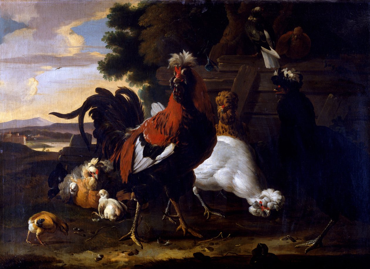 Hane, høns og kyllinger ved et hegn i et skovklædt landskab af Melchior de Hondecoeter