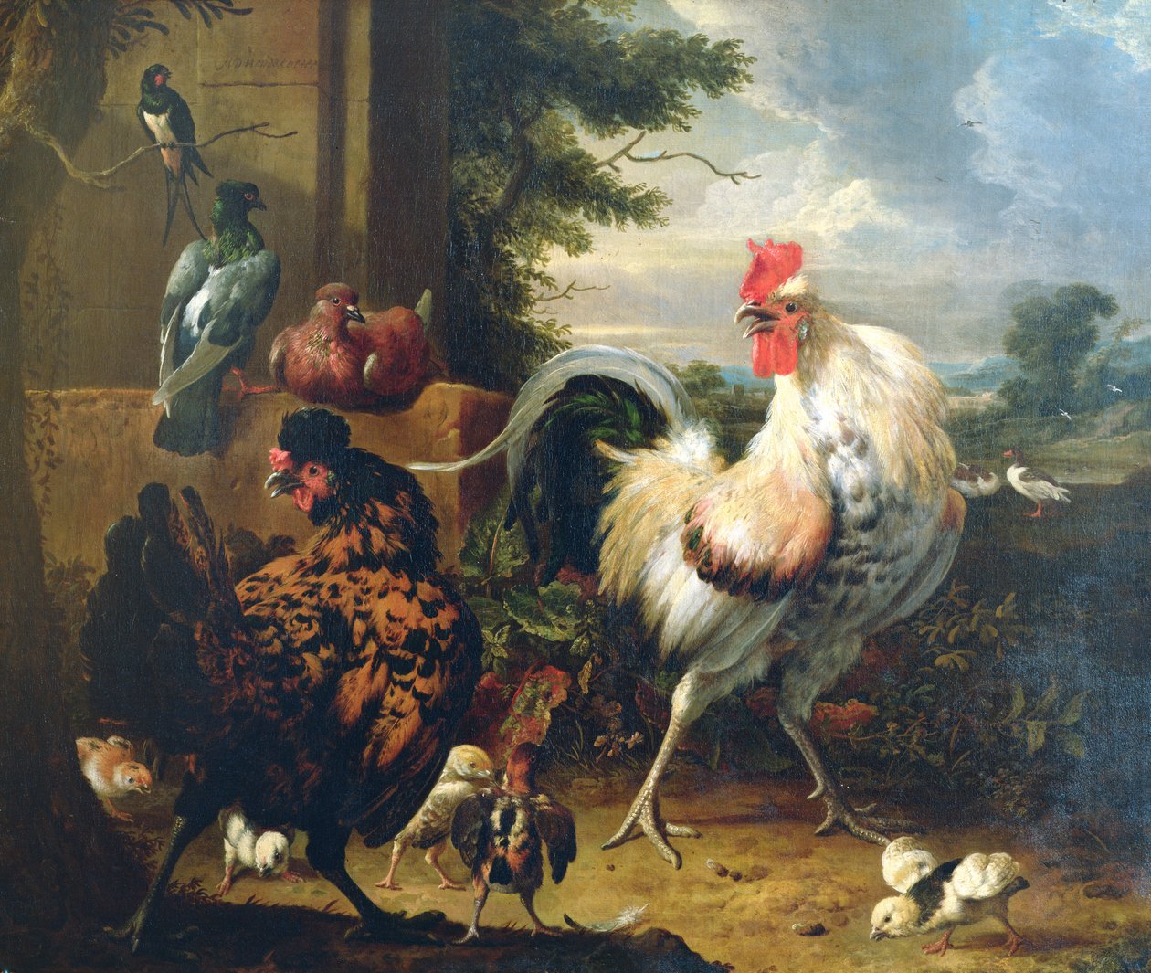 Fjerkræ på gårdspladsen af Melchior de Hondecoeter