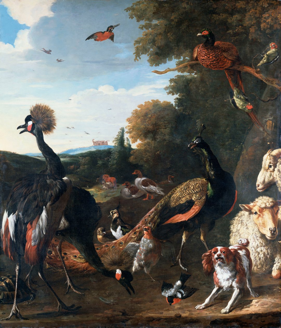 Påfugle og andre fugle, med et får og en hund i et landskab af Melchior de Hondecoeter