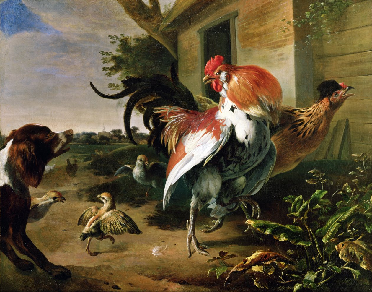 Fjerkræ og Spaniel i en gård af Melchior de Hondecoeter