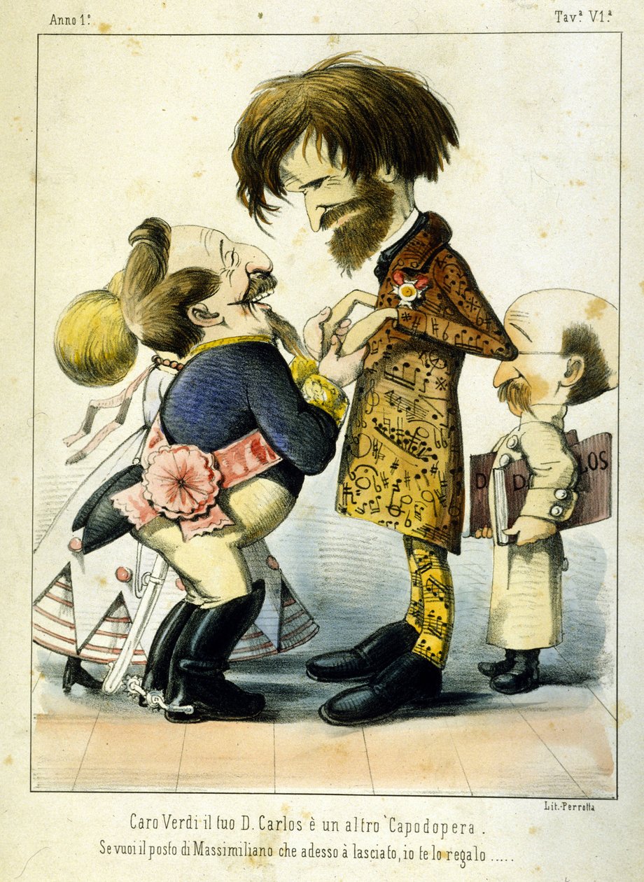 Tegnefilm om Giuseppe Verdi og Napoleon III efter operaen Don Carlos i Paris i 1867. Karikatur af Melchiorre Delfico. Privee Milan Collection af Melchiorre Delfico
