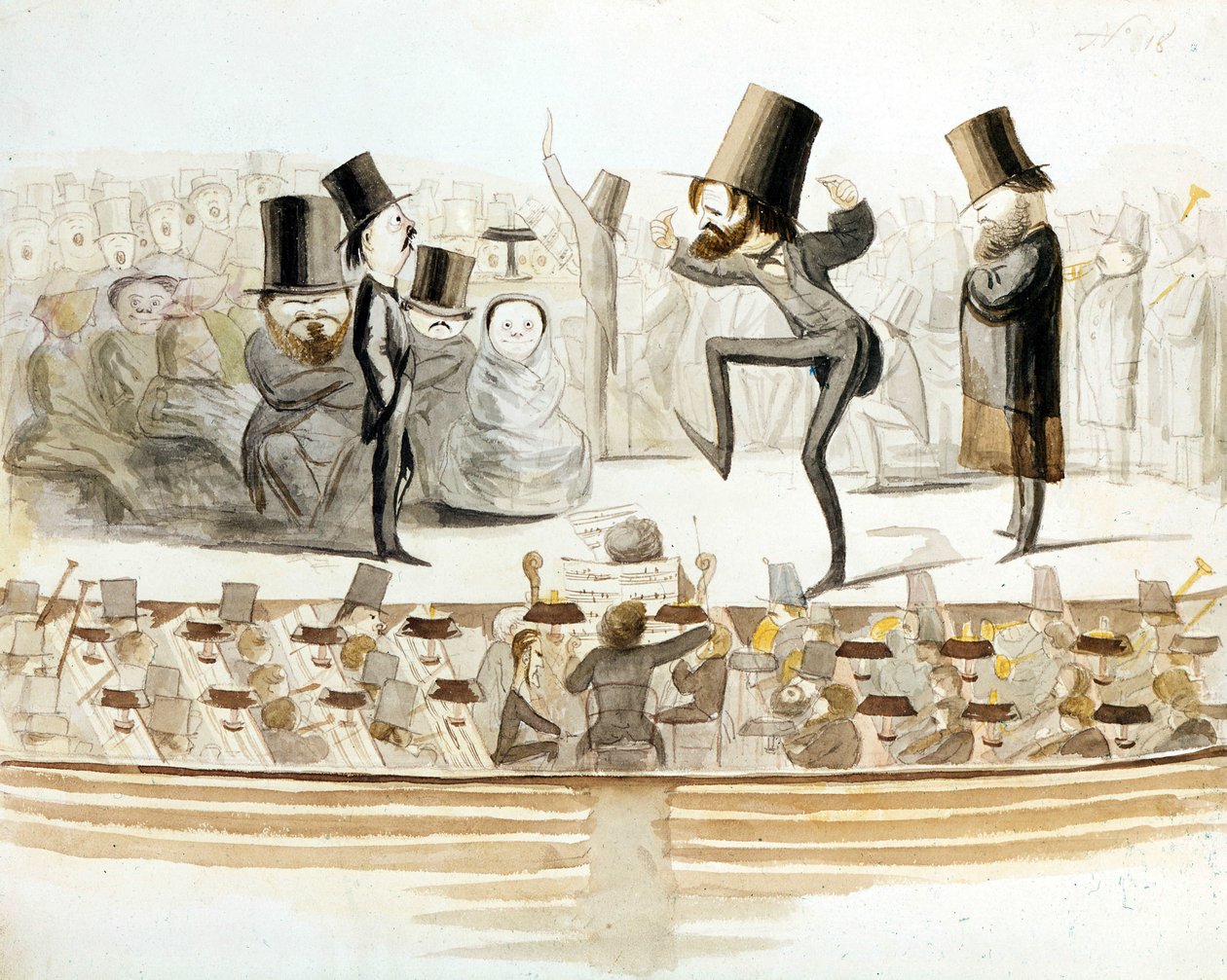 Giuseppe Verdi (1813-1901), italiensk komponist med gentagelser af "Un ballo in Maschera" (Un Bal masque) med tenor Fraschini og sopranen Fioretti. Tegnefilm af Melchiorre Delfico. Milanese. af Melchiorre Delfico