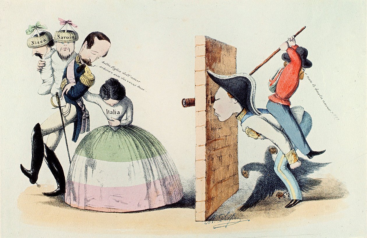Risorgimento: Tegneserie om Torino-traktaten (Trattato di Torino) af 24/03/1860 (kobberstik) af Melchiorre Delfico