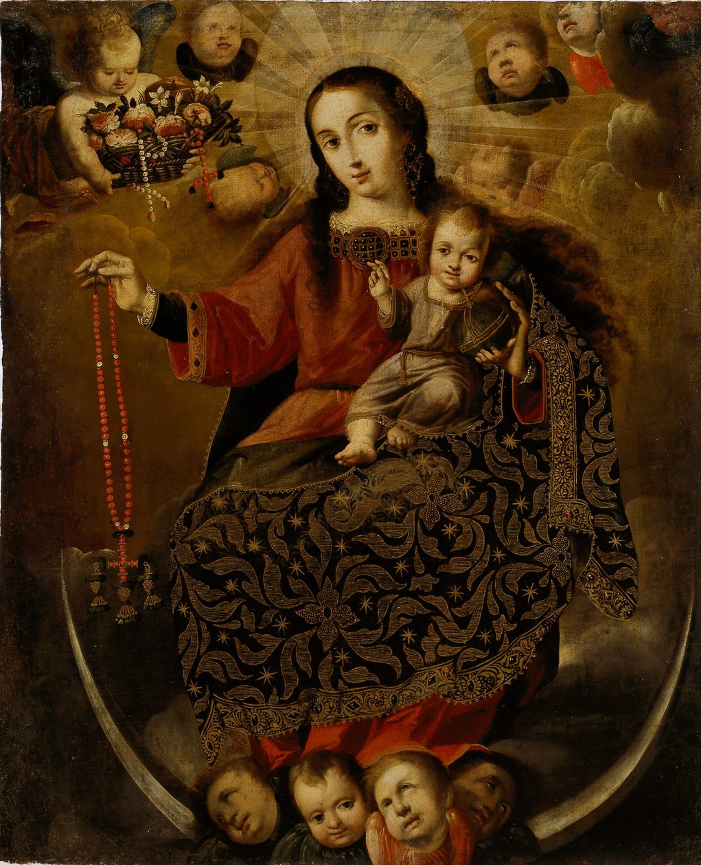 Jomfru af rosenkransen, slutningen af det 17.-begyndelsen af det 18. århundrede (bladguld med olie på lærred) af Melchor Pérez de Holguín