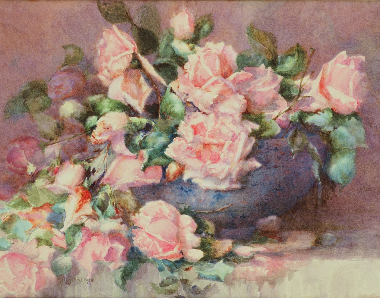 A Bowl of Pink Roses (wc på papir) af Melicent Grose