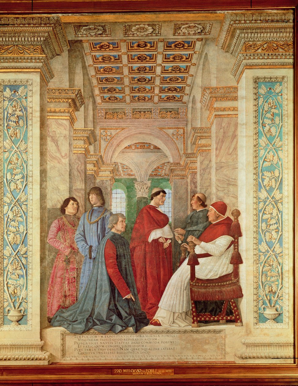 Pave Sixtus IV indsætter Bartolommeo Platina som direktør for Vatikanets bibliotek, ca. 1477 (fresko overført til lærred) af Melozzo da Forli