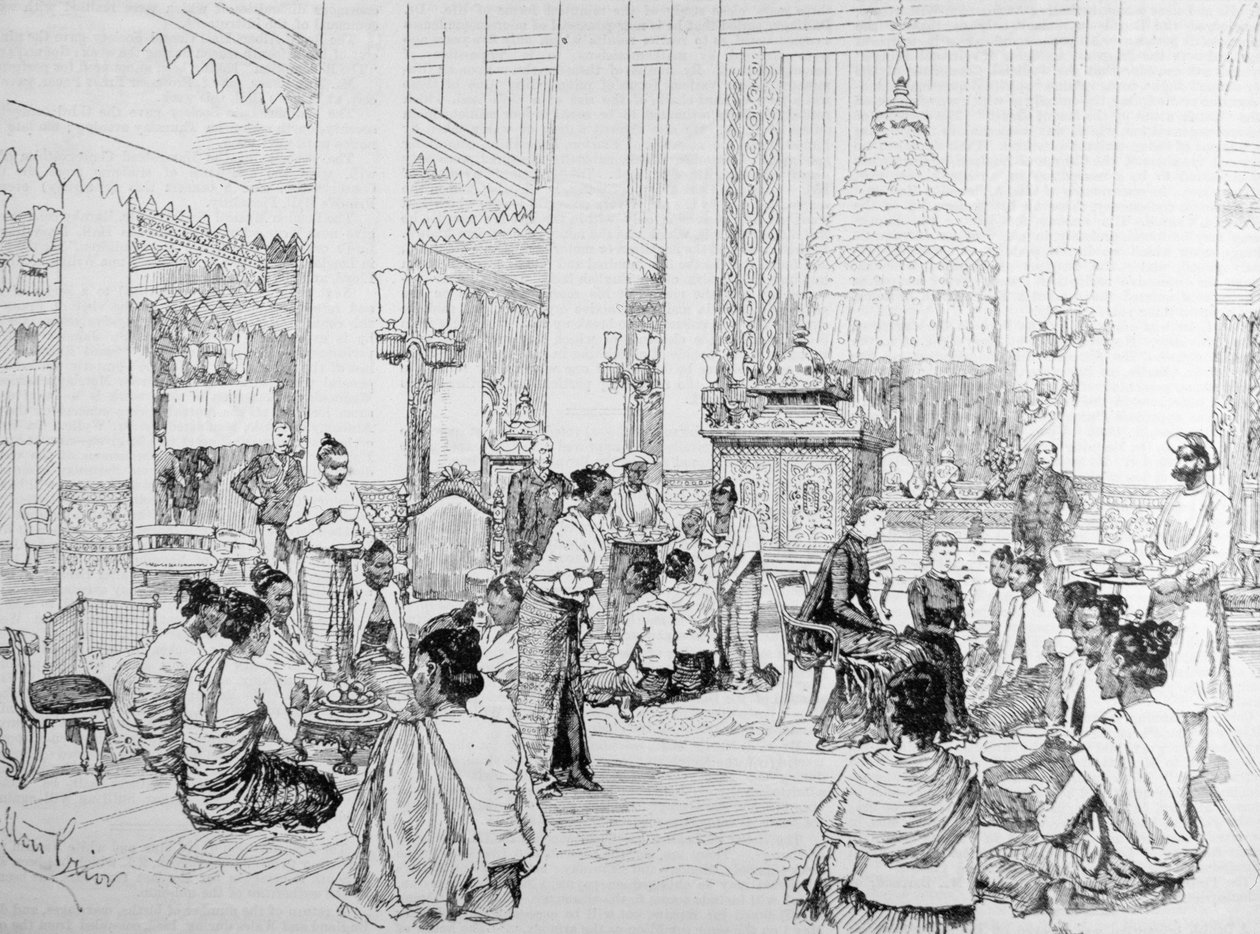 Vicekongen af Indien i Burmah: Burmesiske damer tager te med Lady Dufferin i paladset i Mandalay, fra 