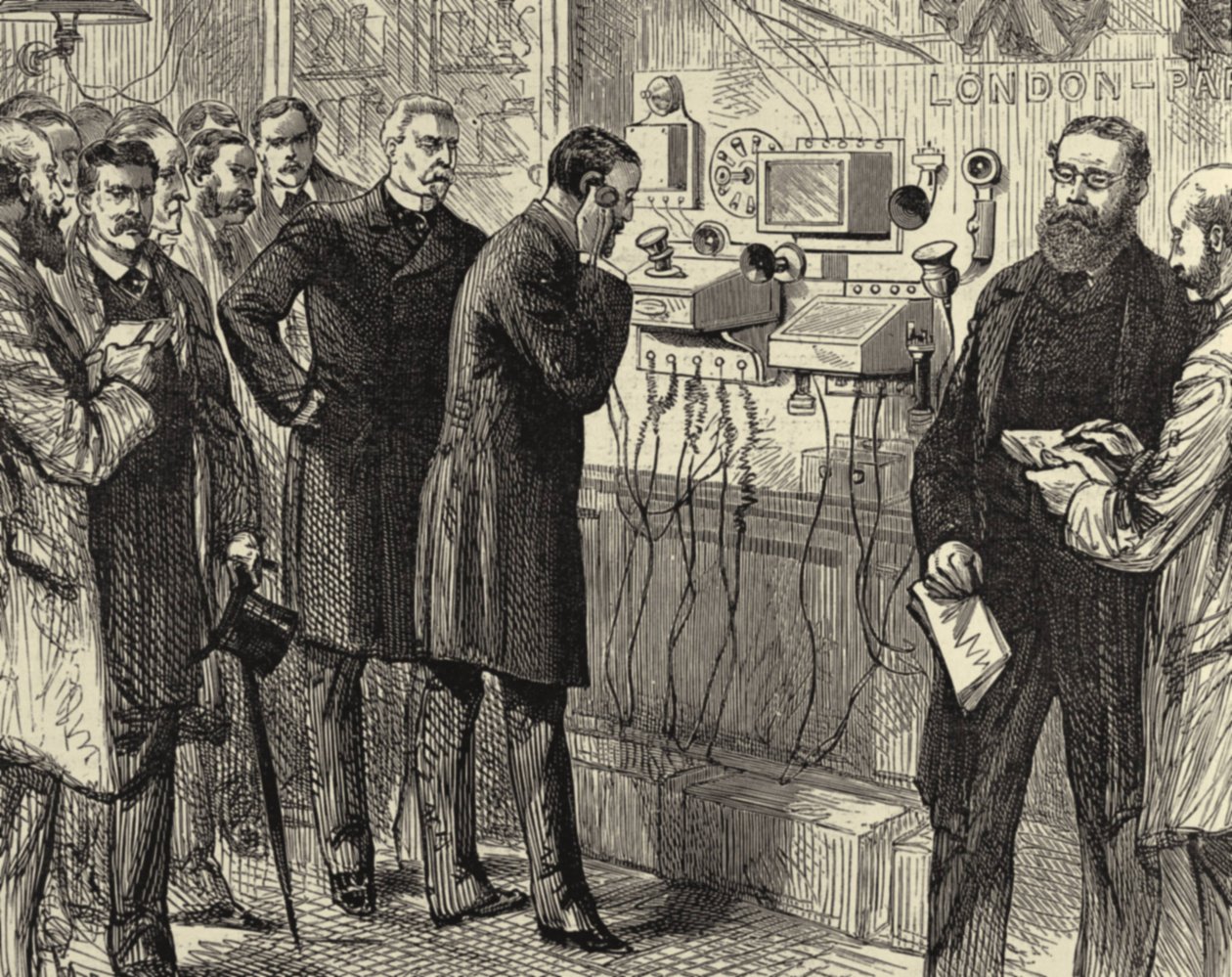 Åbning af den anglo-engelske telefonlinje. Den første telefonsamtale mellem London og Paris på General Post Office i London. Bell-instrumenter blev brugt i London-enden. Træsnit Paris 28. marts 1891. Gravering. af Melton (after) Prior