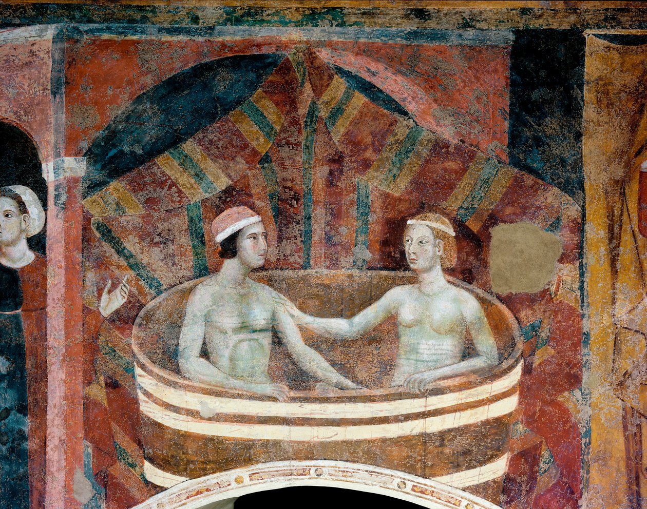 Scene af ægteskabelig liv i middelalderen. Et par gør deres toilet i en skraldespand. Detalje. (fresko, begyndelsen af det 14. århundrede) af Memmo di Filippuccio
