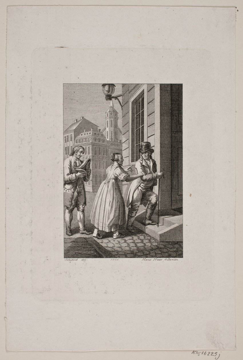 Illustration med kone der standser en herre ved en port mens en tjener ser til af Meno Haas
