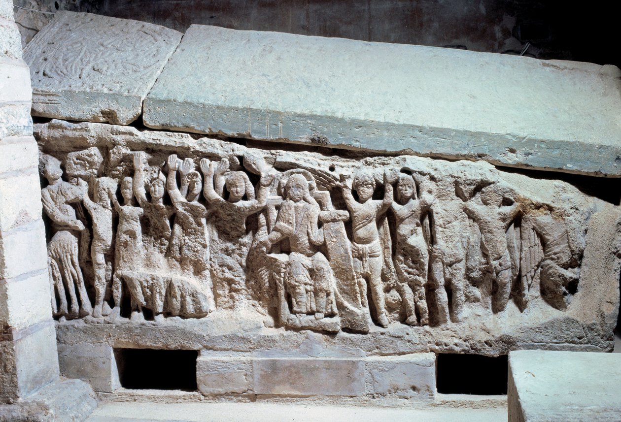 Merovingerkunst: basrelieffer af Agilberts grav (7. århundrede), eveque af Paris. Sten begravelsesmonument. Kloster i Jouarre (Seine og Marne) af Merovingian