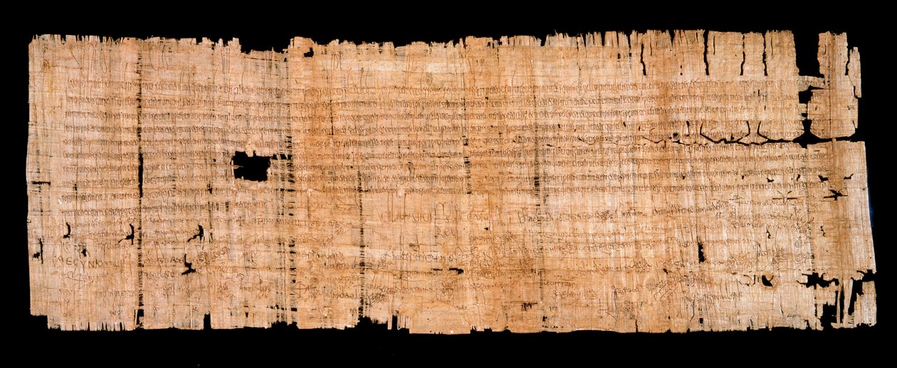 Merovingertid: juridisk dokumentmanuskript på papyrus, der bekræfter immunitetsprivilegiet givet af kongen af Neustrien Clovis II (633-657) til klosteret Saint Denis den 22/06/654. Sol. 0,93x0,34 m Paris, archives nationales af Merovingian