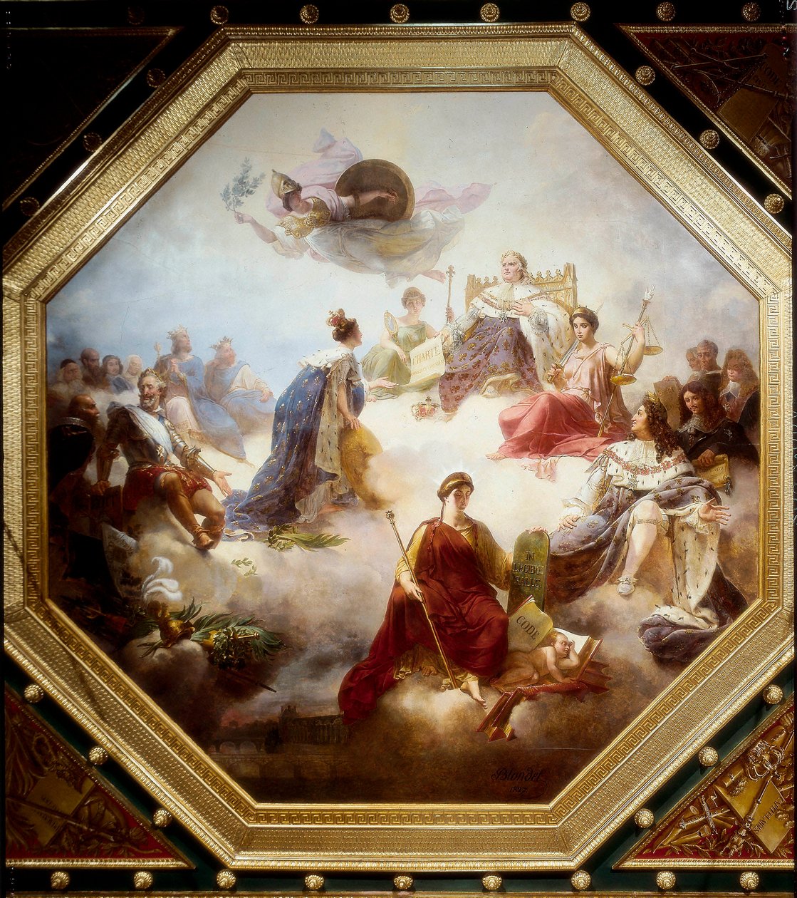 Frankrig, midt i de lovgivende konger og franske jurikonsultater, modtager det forfatningsmæssige charter fra Louis XVIII, loftet i Camondo-rummet, Louvre, Paris af Merry Joseph Blondel
