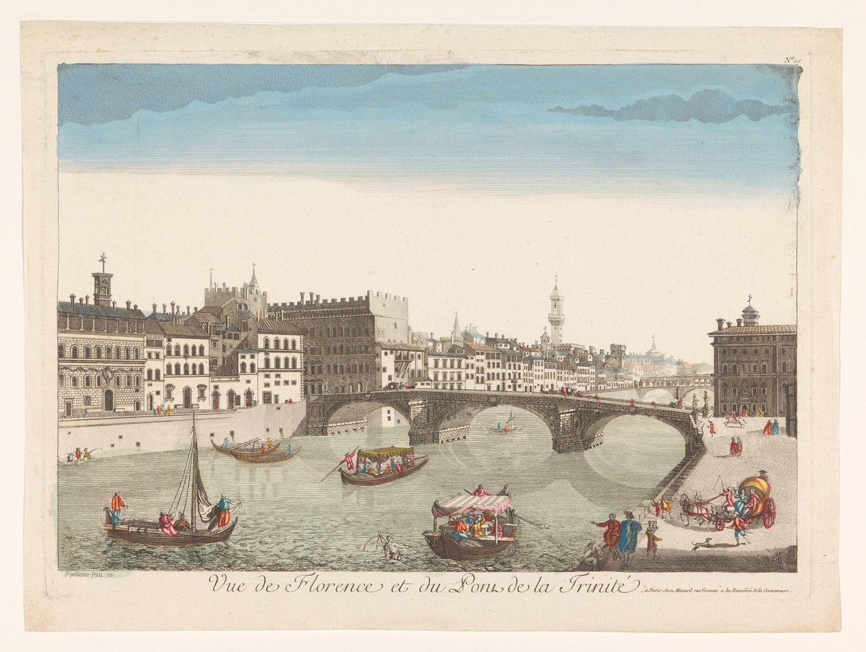 Udsigt over Ponte Santa Trinita over Arno-floden i Firenze Vue de Florence et du Pont de la Trinité (titel på objektet) af Mesard