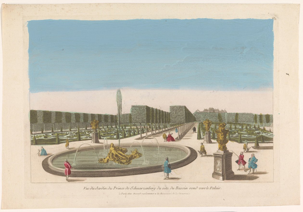 Udsigt over springvandet fra haven til Palais Schwarzenberg nær byen Wien Vue du jardin du prince de Schwarzenberg du côte du bassin around vers le palais (titel på objekt) af Mesard