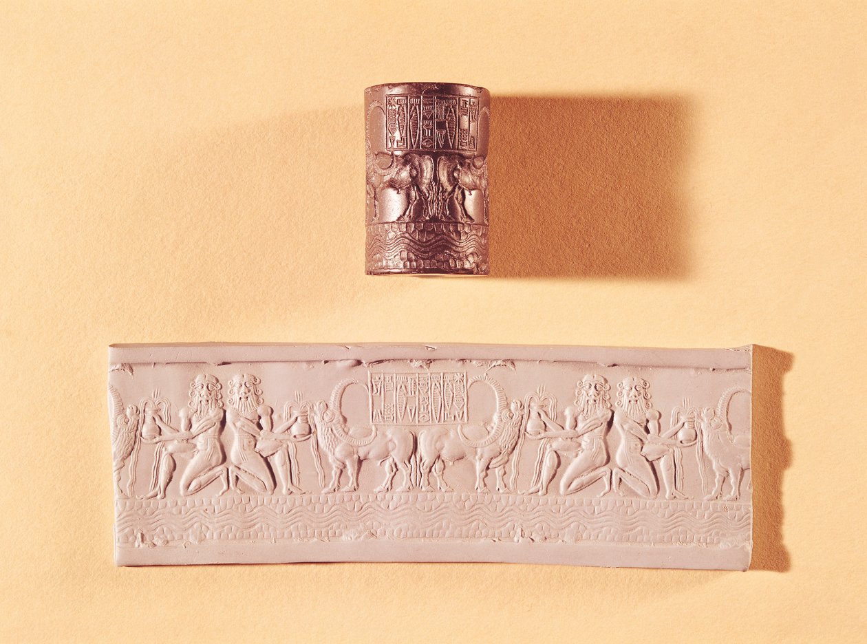 Akkadisk cylinderforsegling og aftryk af Shar-kali-sharri (ca. 2217-c. 2193 f.Kr.) Konge af Akkad, Mesopotamien, ca. 2340-2100 f.Kr. (marmor) af Mesopotamian