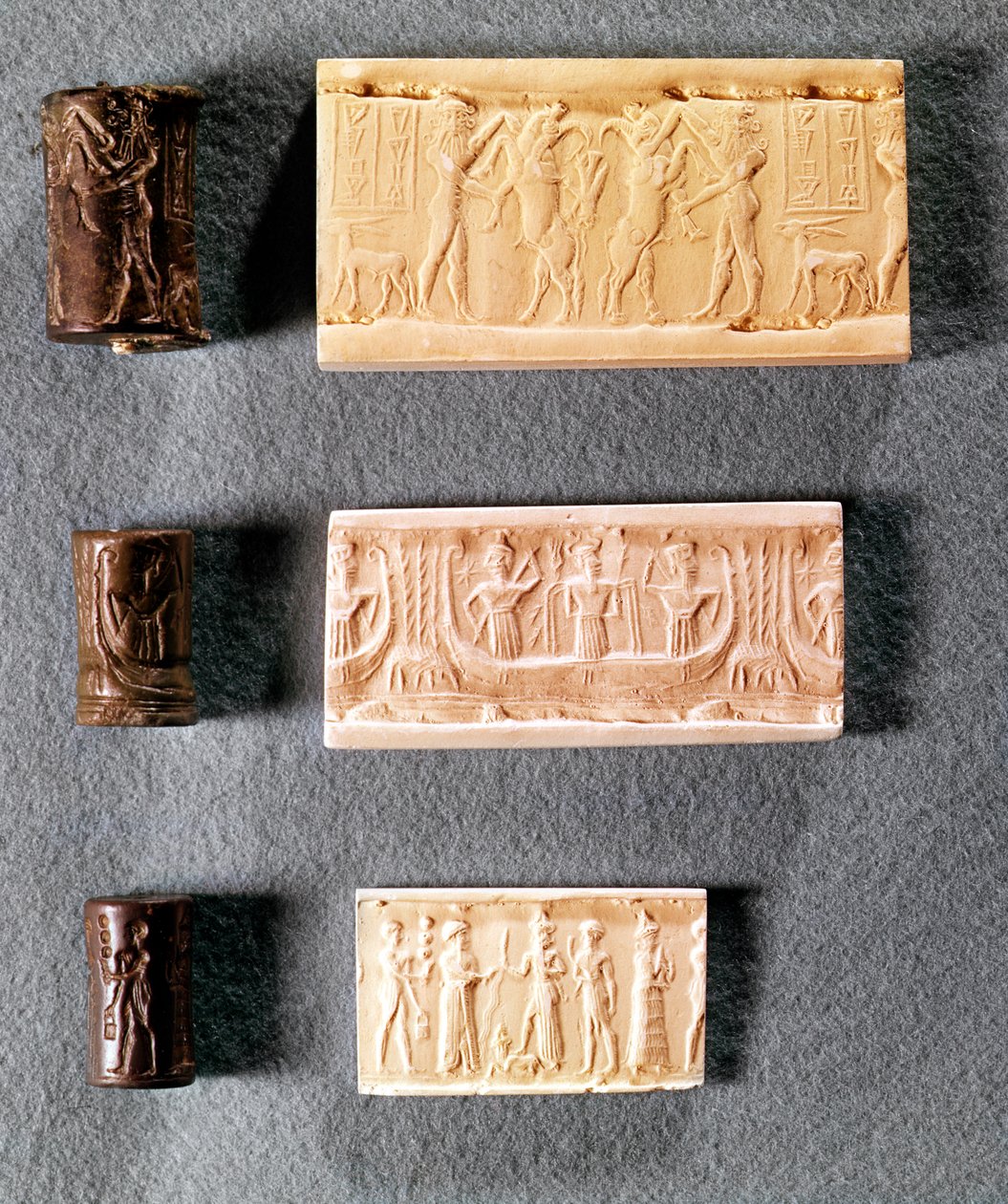 Tre cylindertætninger med aftryk, 1. årtusinde f.Kr. (metal og gips) af Mesopotamian