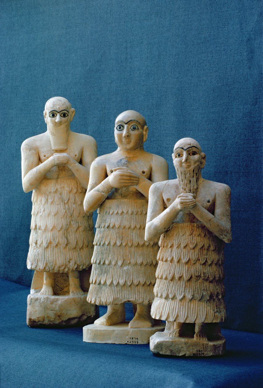Votivfigurer udgravet i Nippur, Irak, ca. 2800 f.Kr. (alabaster og guld) af Mesopotamian
