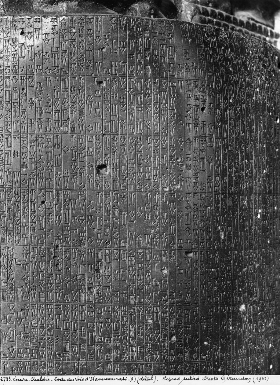 Hammurabis kodeks, detalje af søjleindskriften vedrørende en samling eksemplariske domme udstedt af Hammurabi, Babylons konge, fundet i Susa, ca. 1750 f.Kr. basalt, se også 286949 bw foto af Mesopotamian
