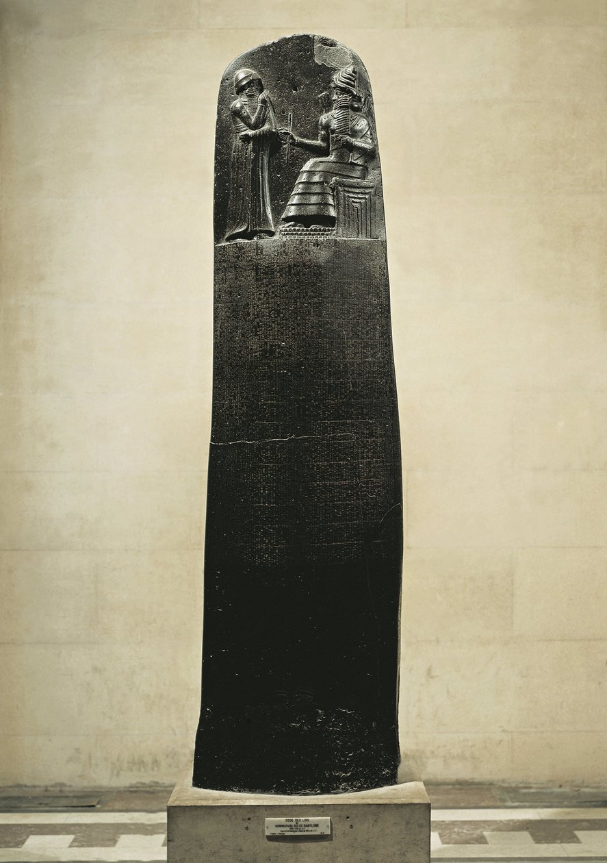 Hammurabis kodeks: guden Shamash dikterer sine love til Hammurabi, Babylons konge, fundet i Susa, Iran, ca. 1750 f.Kr. (basalt) af Mesopotamian