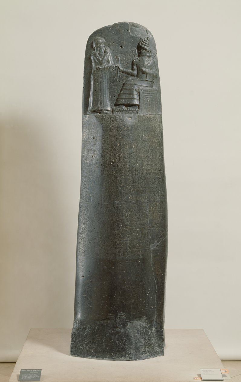 Hammurabis kodeks: guden Shamash dikterer sine love til Hammurabi, Babylons konge, fundet i Susa, Iran, ca. 1750 f.Kr. (diorit) (for detaljer se 69507) af Mesopotamian
