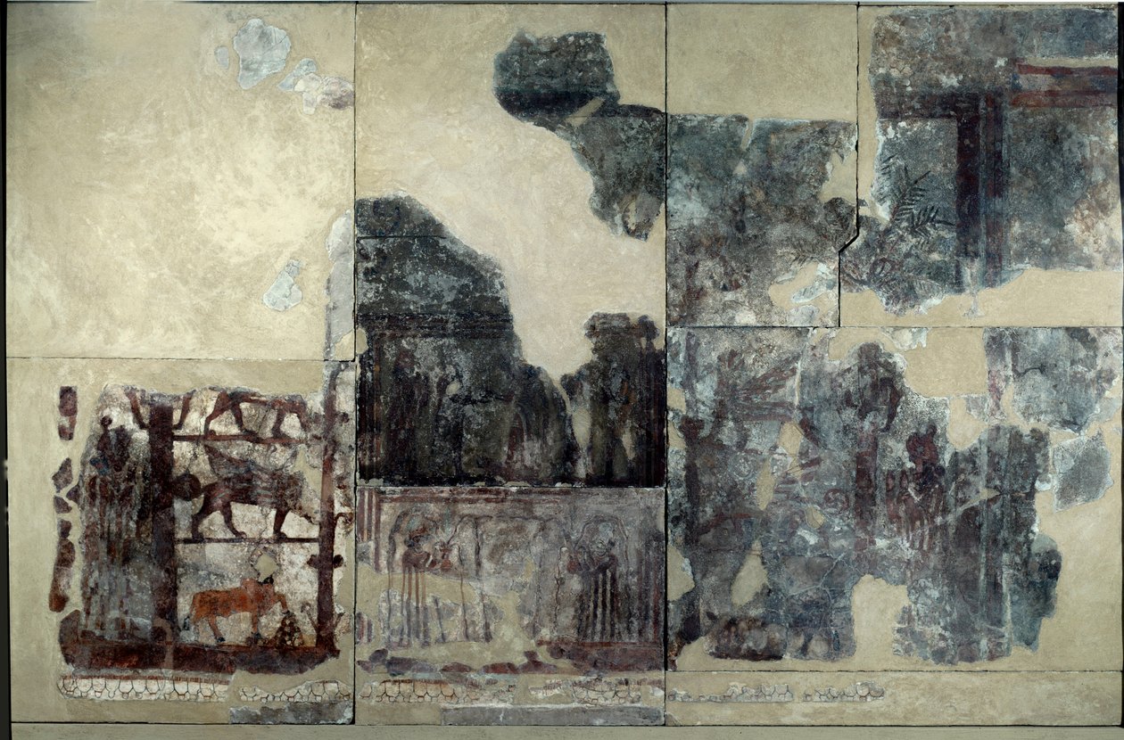 Mesopotamien: Zimrilims palads, maleri af investituren: repræsentation af en vinget tyr, sfinx, griffon. Fritliggende freskomaleri fra regne af Zimri-Lim (Zimei Lim) (ca. 1782-1759 f.Kr.) Fra Mari. Paris, Louvre-museet. af Mesopotamian