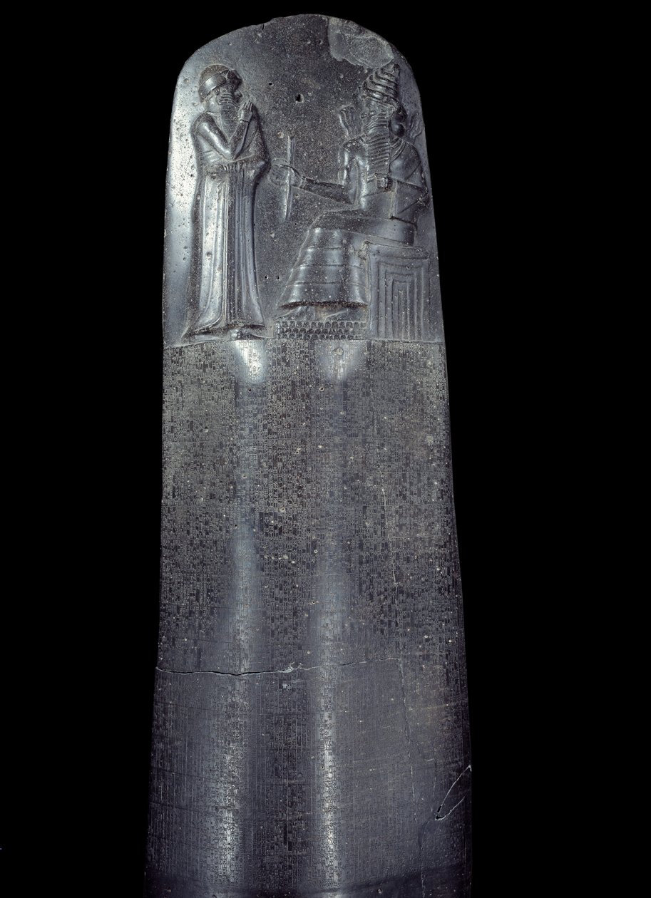 Mesopotamien: stele in diorit af Hammurabis (eller Hammourabis) lovkodeks. Den er dækket af kileskriftsindskrifter og øverst står kong Hammurabi foran Mesopotamiens solgud, Shamash, retfærdighedens guddommelige. Det er et af de ældste stykker o af Mesopotamian