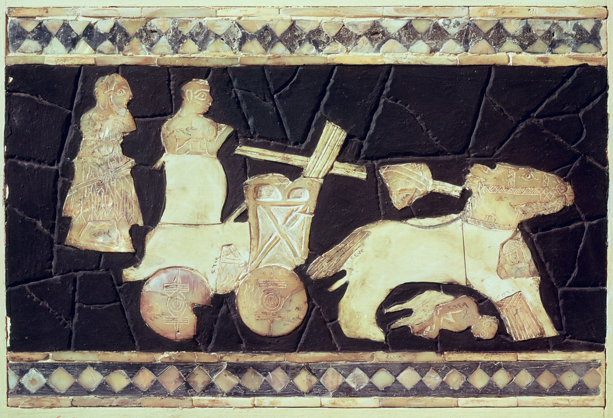 Krigsvogn trukket af to heste, 2800-2300 f.Kr. (elfenben, perlemor og mosaik) af Mesopotamian
