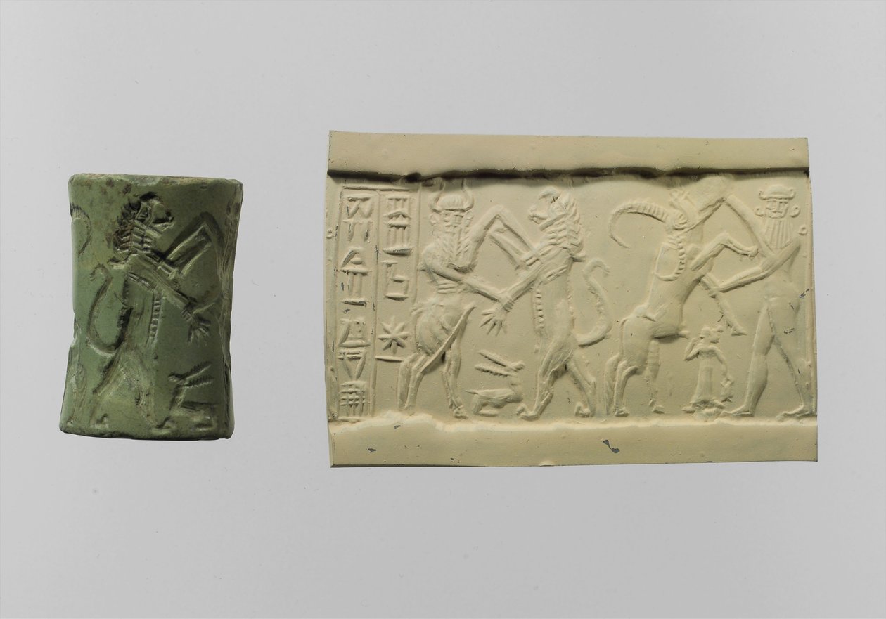 Cylinderforsegling af kamp med moderne indtryk c.2250-2150 f.Kr. (albit) af Mesopotamian Mesopotamian