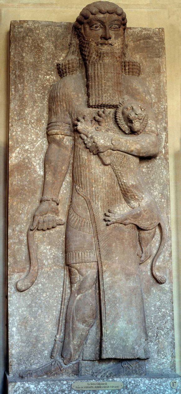 Mesopotamien: "" Statue af Sargon, der mestrer en løve""" sagde "" Gilgamesh"" Court Khorsabad (Khunsabad) 8. århundrede. Paris, Louvre-museet af Mesopotamian Mesopotamian